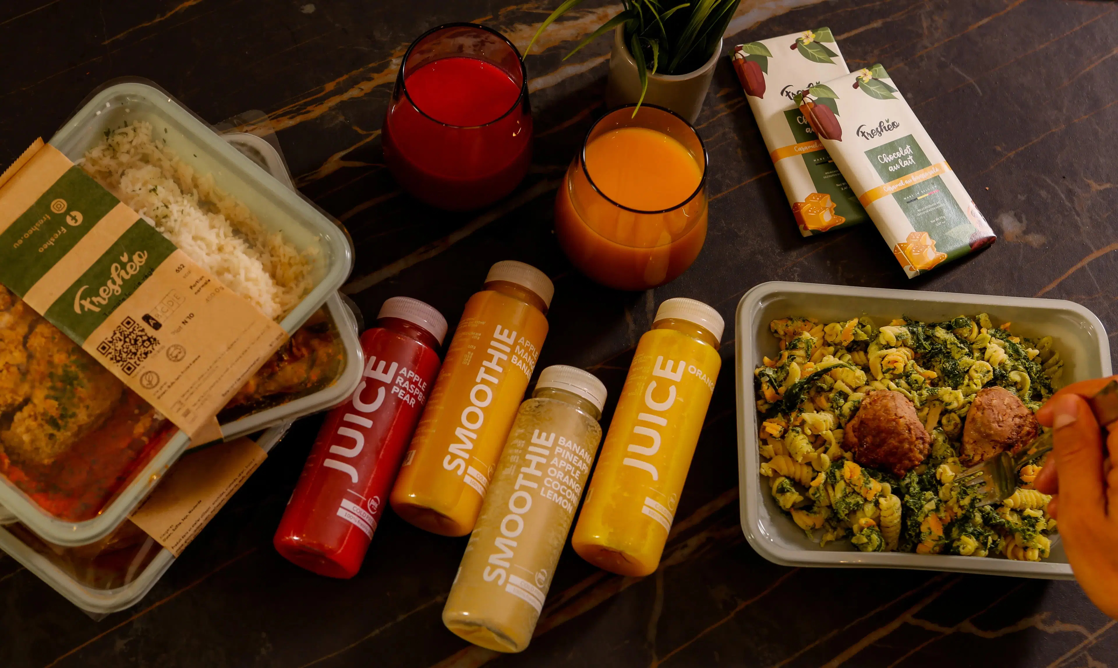 meals with juices and chocolates